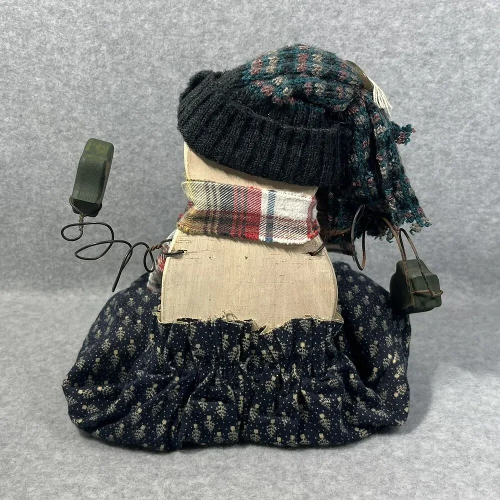 Snowman‎ Wooden Shelf Sitter Plaid Scarf  Knitted Hat Wood Mittens Holiday Decor